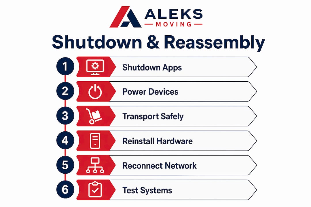 Infographic illustrating shutdown and reassembly steps in IT relocation