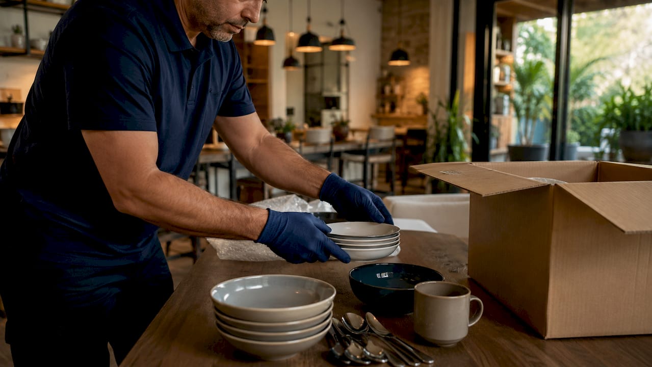 Hands unpacking kitchenware in modern kitchen