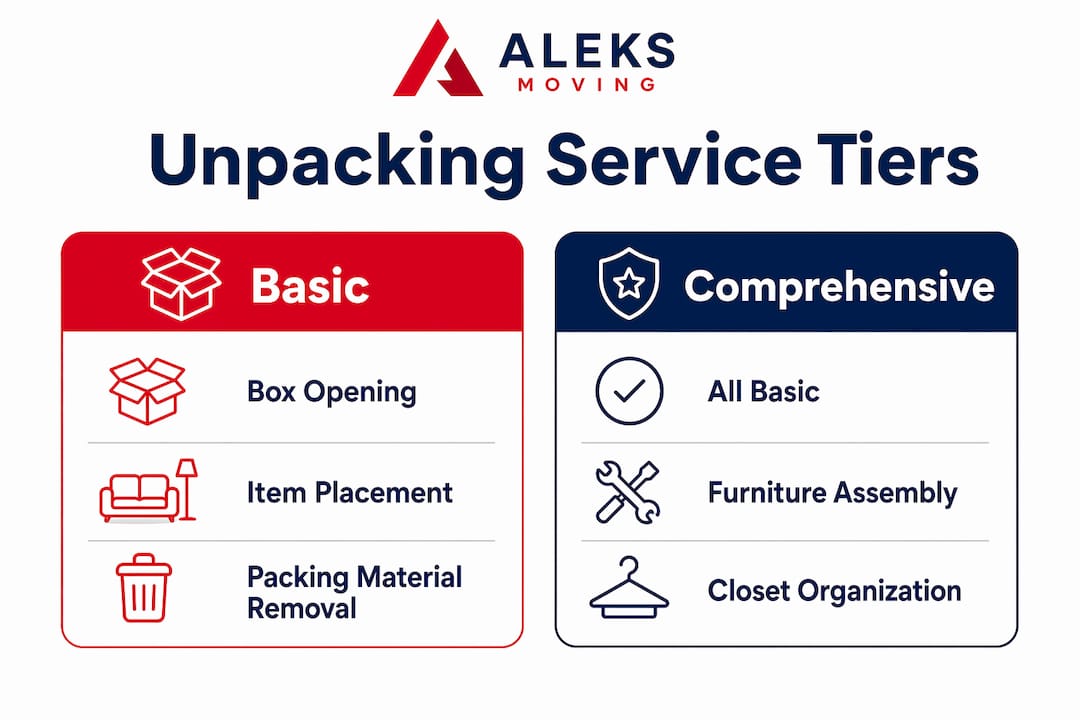Side-by-side infographic of unpacking service tiers