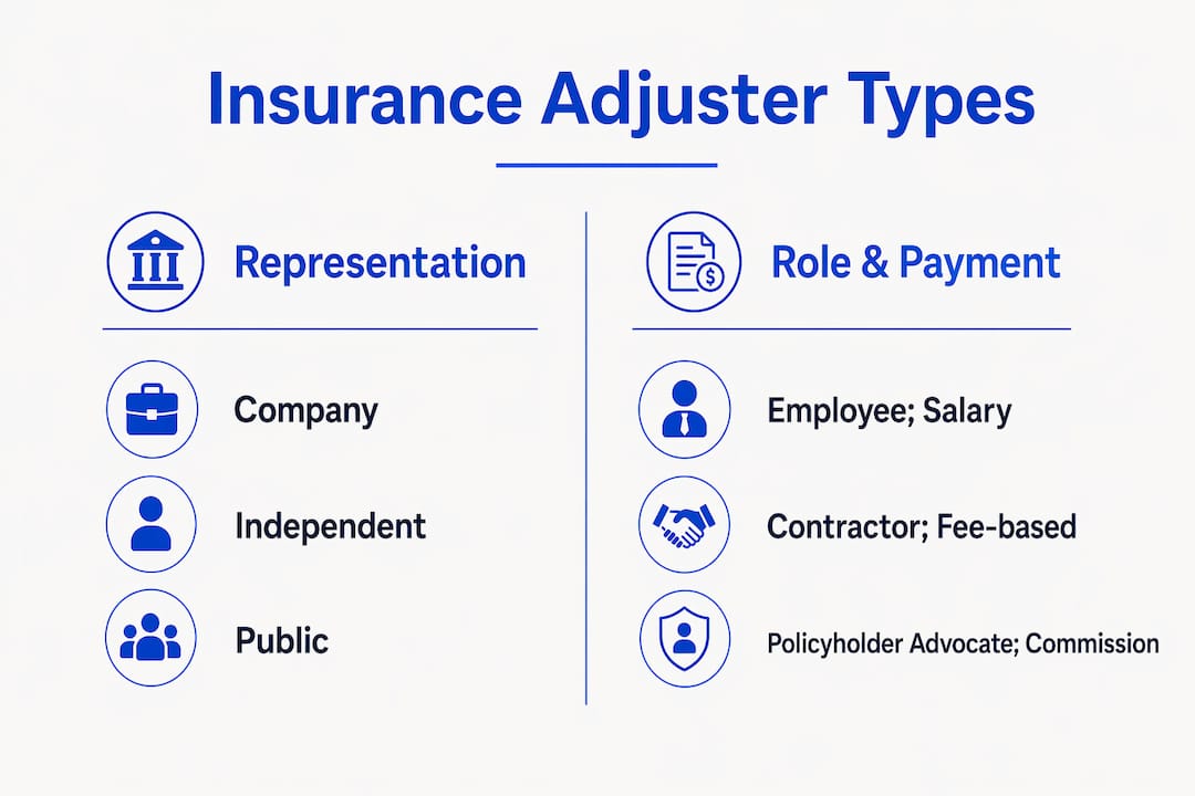 Infographic comparing types and roles of insurance adjusters