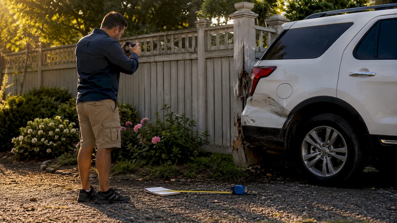 Adjuster photographing vehicle damage outdoors