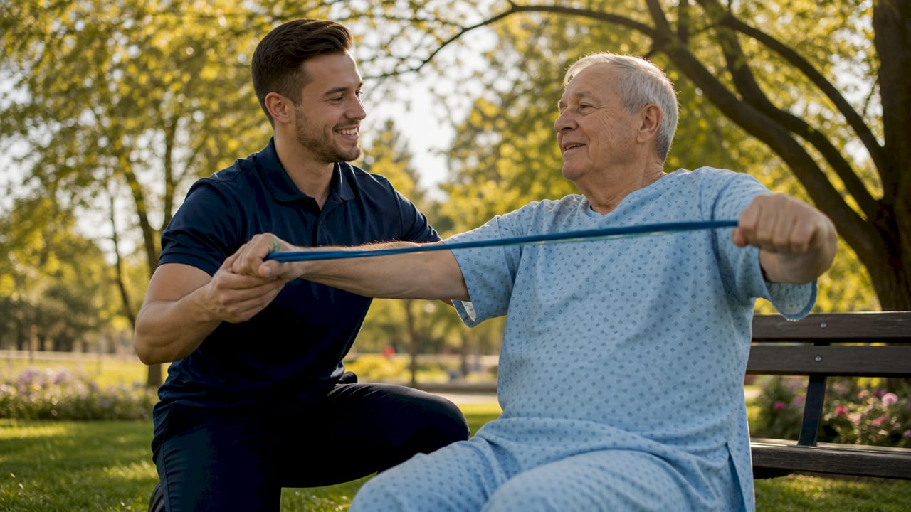 Physical therapist assisting brain injury patient exercise