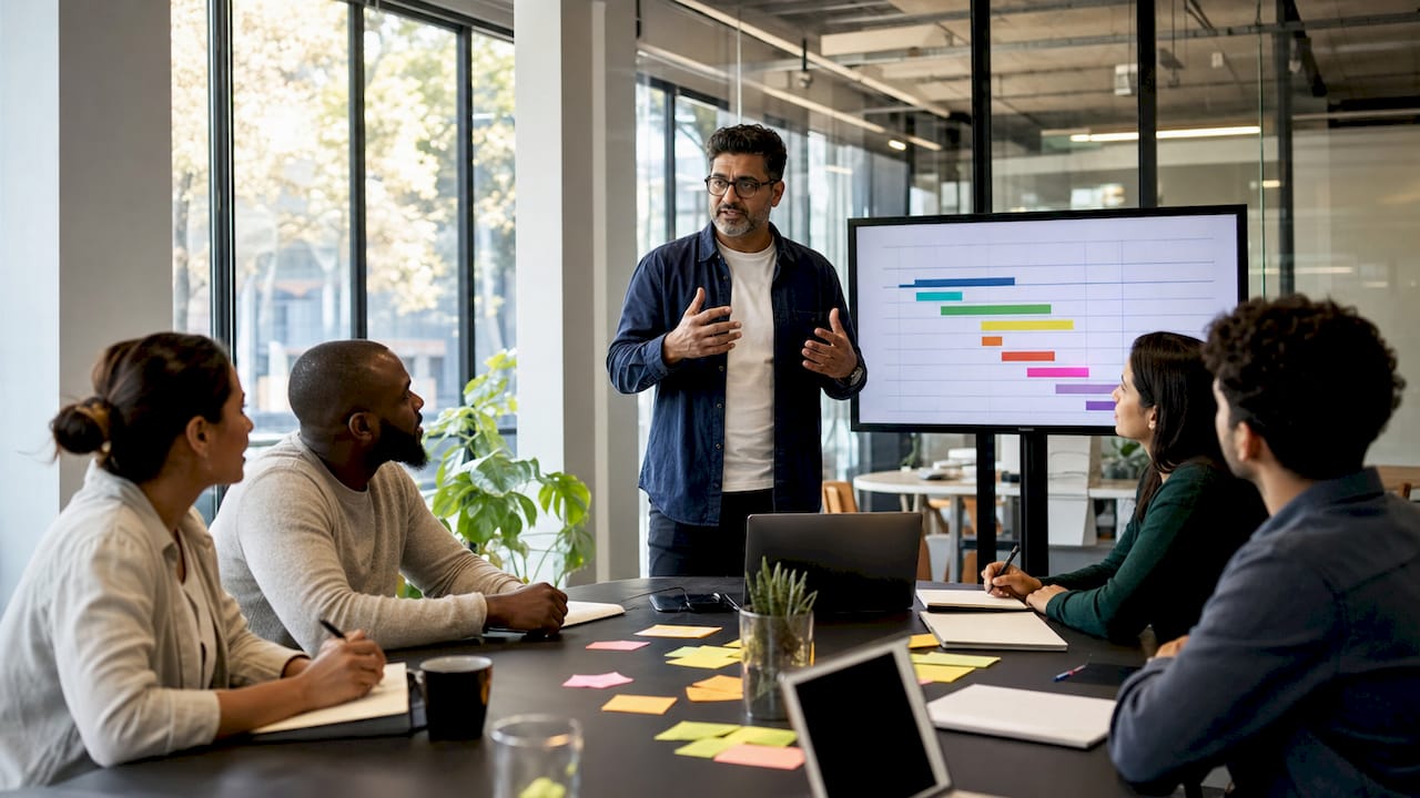 Project manager leading office move meeting