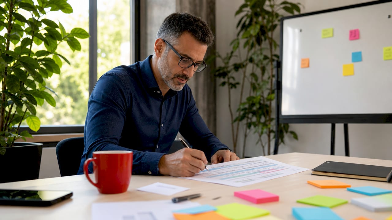 Project manager reviewing office move plan