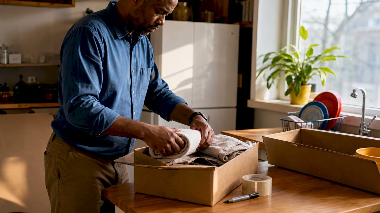 Tenant packing moving boxes in apartment