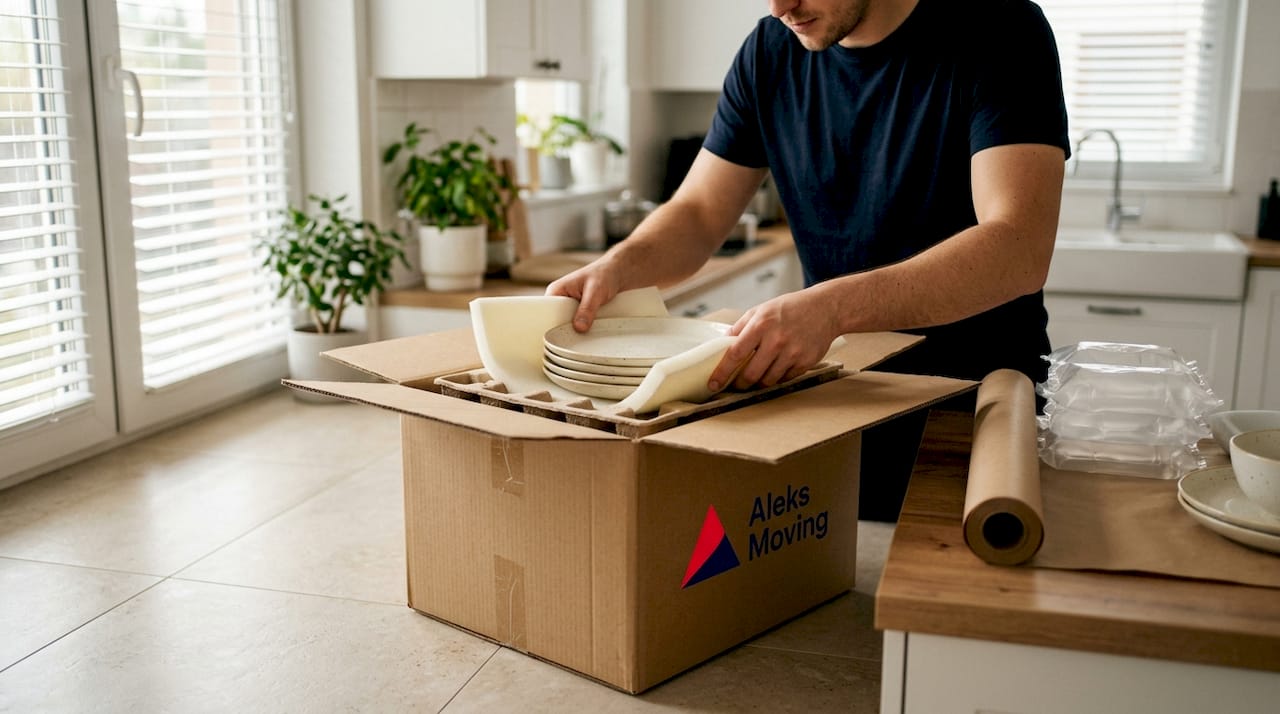 Hands cushioning fragile items with foam and pulp trays