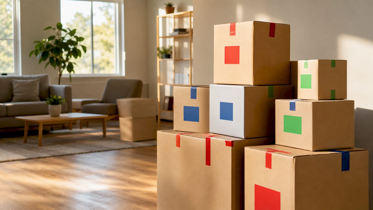 Stack of moving boxes with color-coded room labels