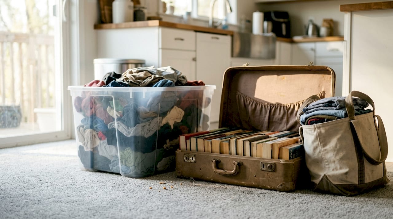 Overhead view of improvised packing supplies
