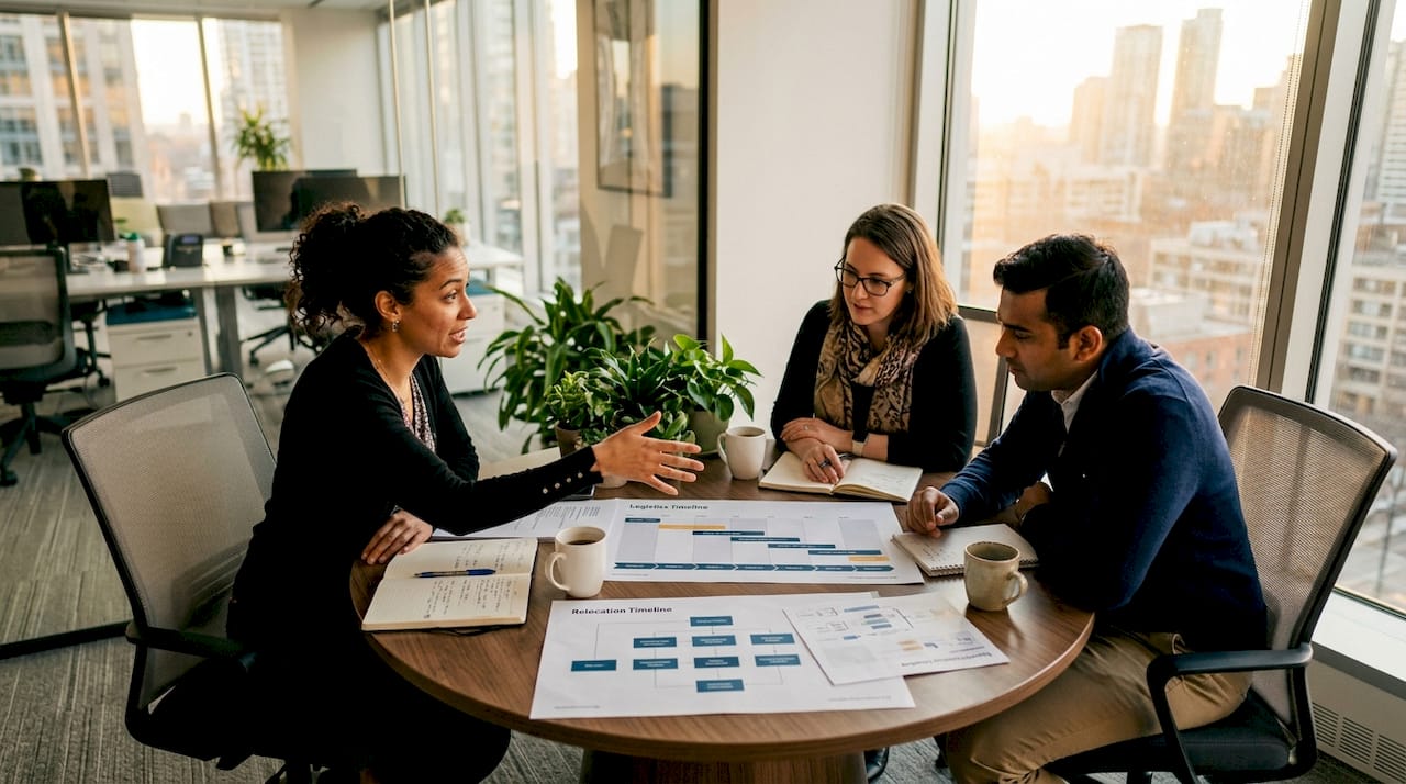 Business team discussing relocation schedule in conference room