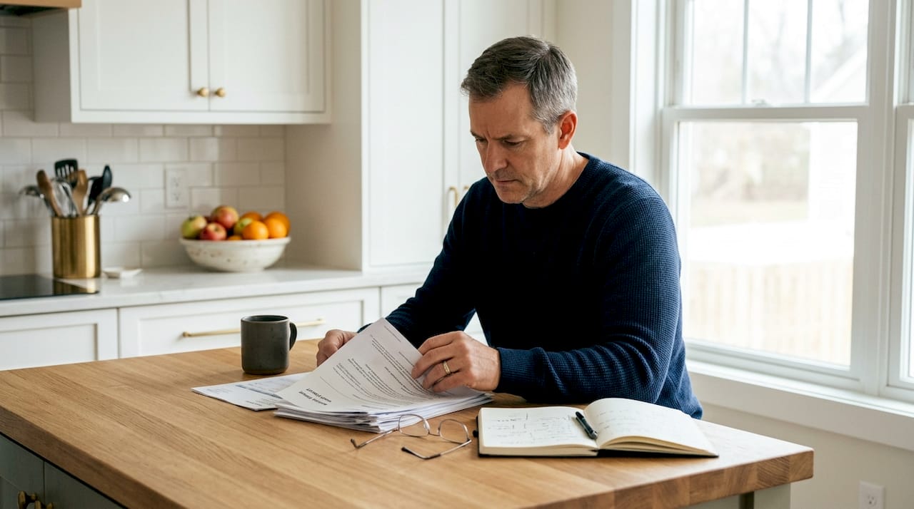 Man examining medical bills and legal documents
