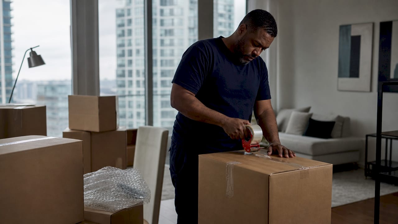 Hands sealing labeled moving box inside condo