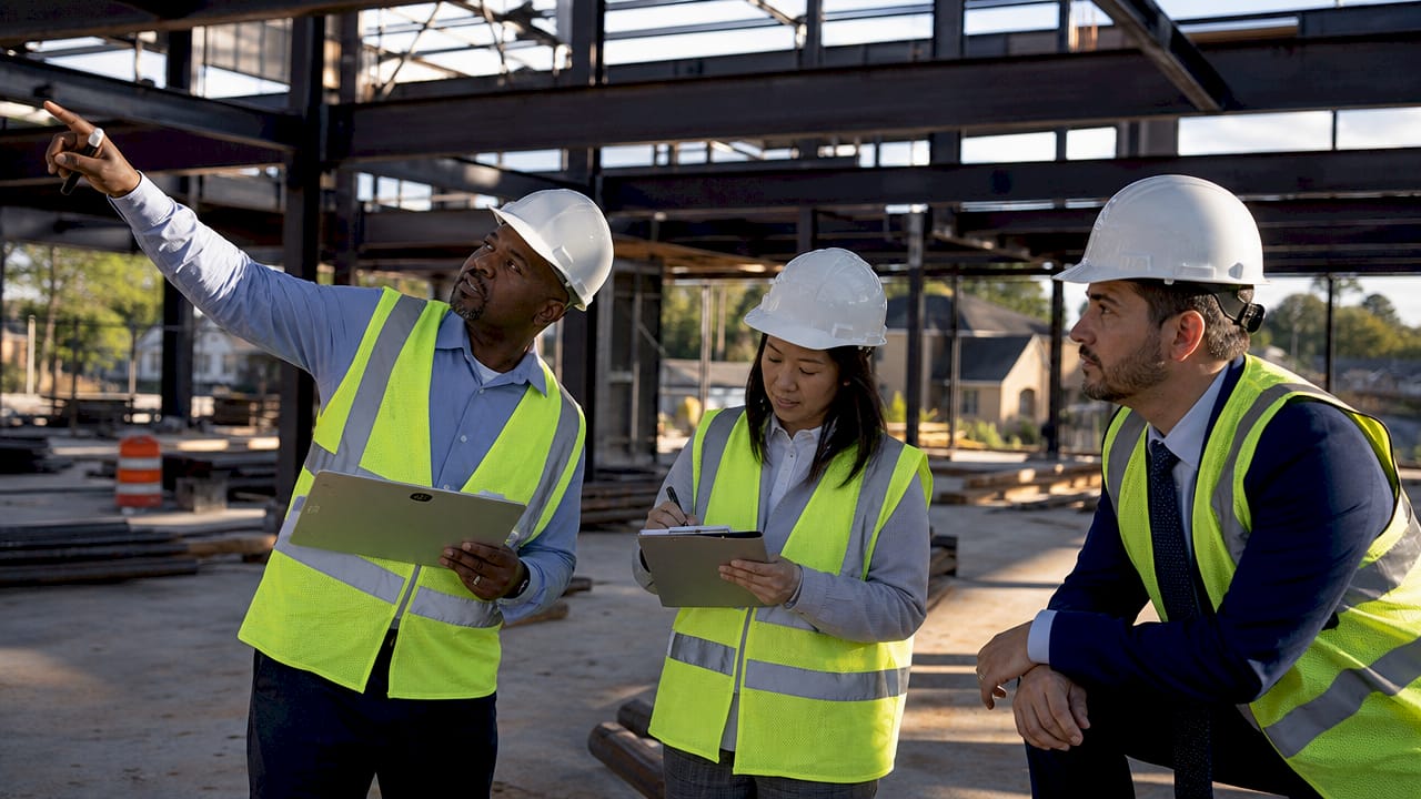 Team discussing liability at construction site