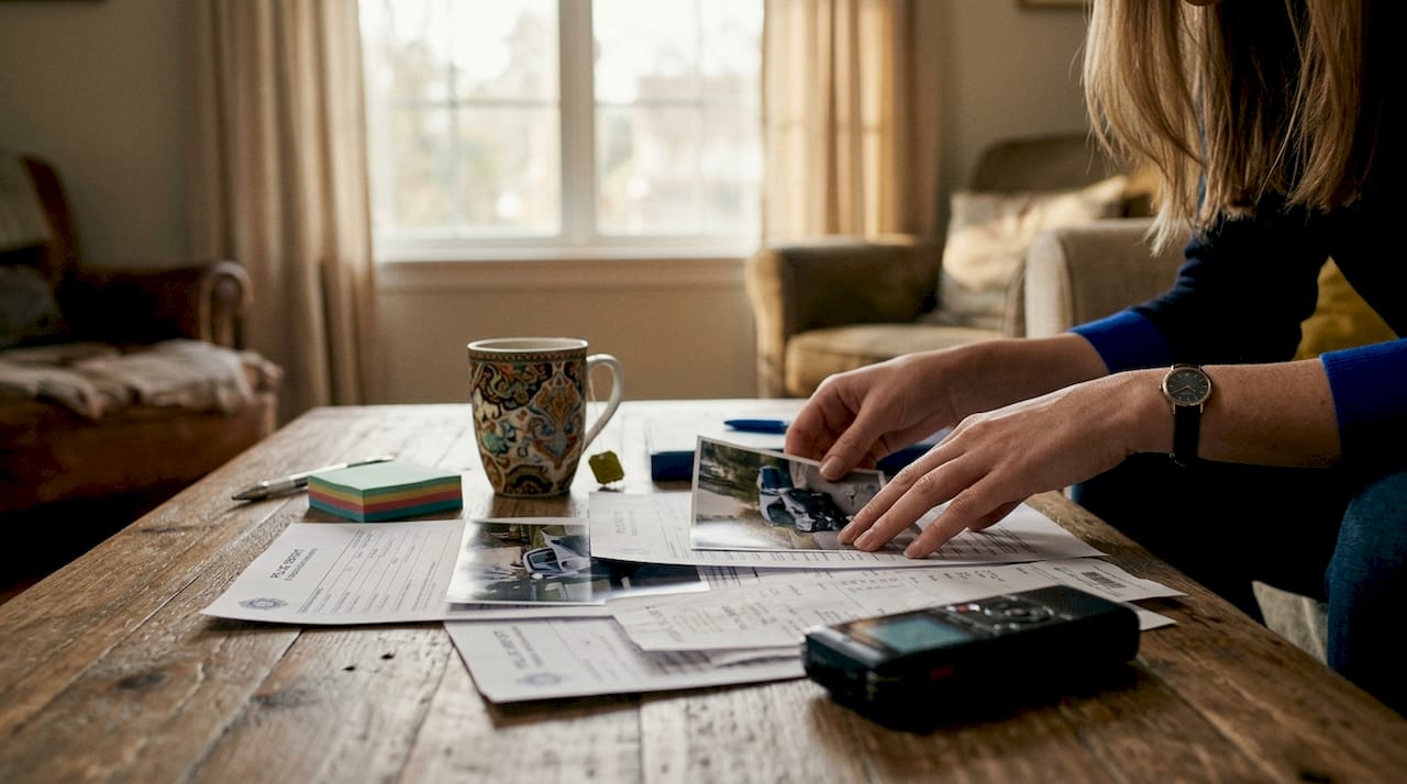 Hands organizing accident evidence documents at home