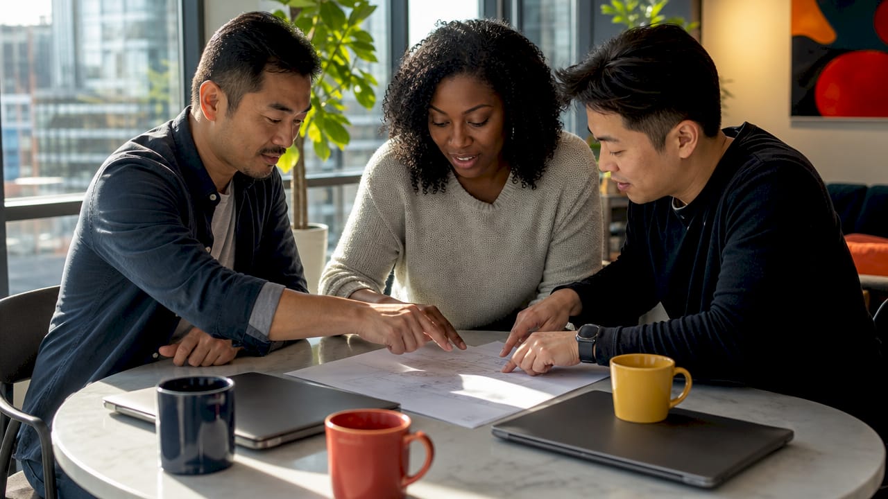 Team coordinating move plan at office table