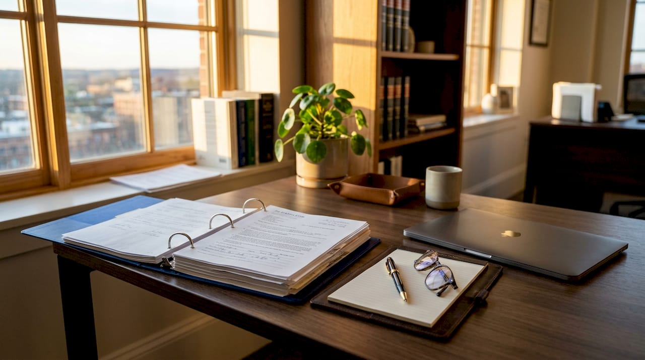 Legal documents and office workspace overview