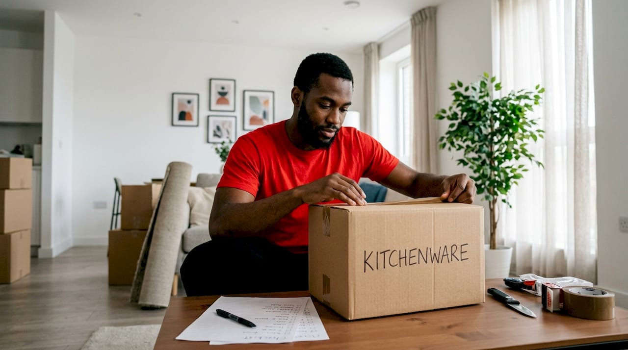 Tenant packing moving boxes indoors