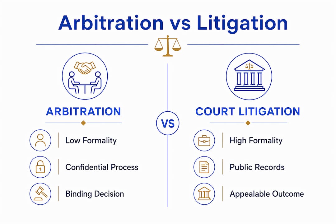 Infographic contrasting arbitration and court litigation