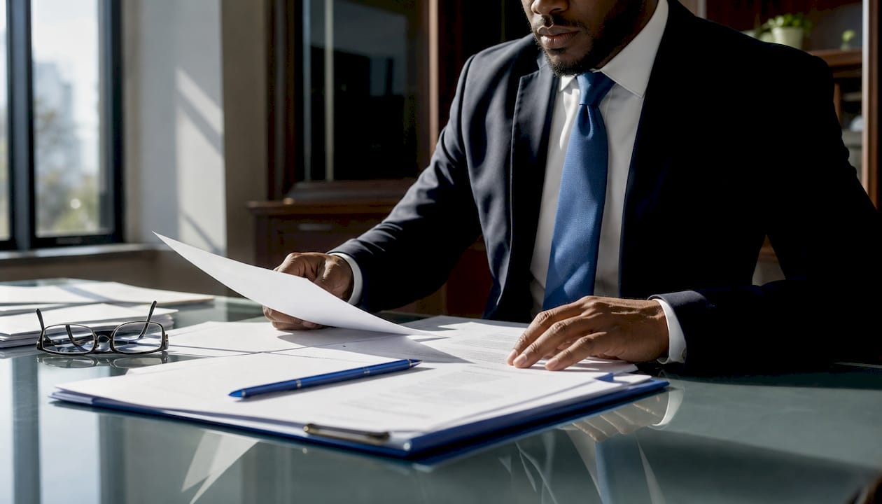 Hands sorting truck accident insurance documents