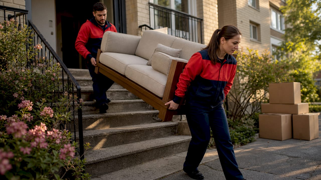 Two movers carrying sofa down stairs