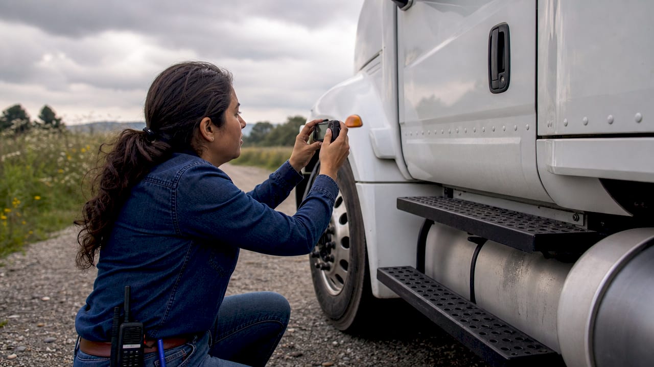 Hands photographing truck DOT number outdoors