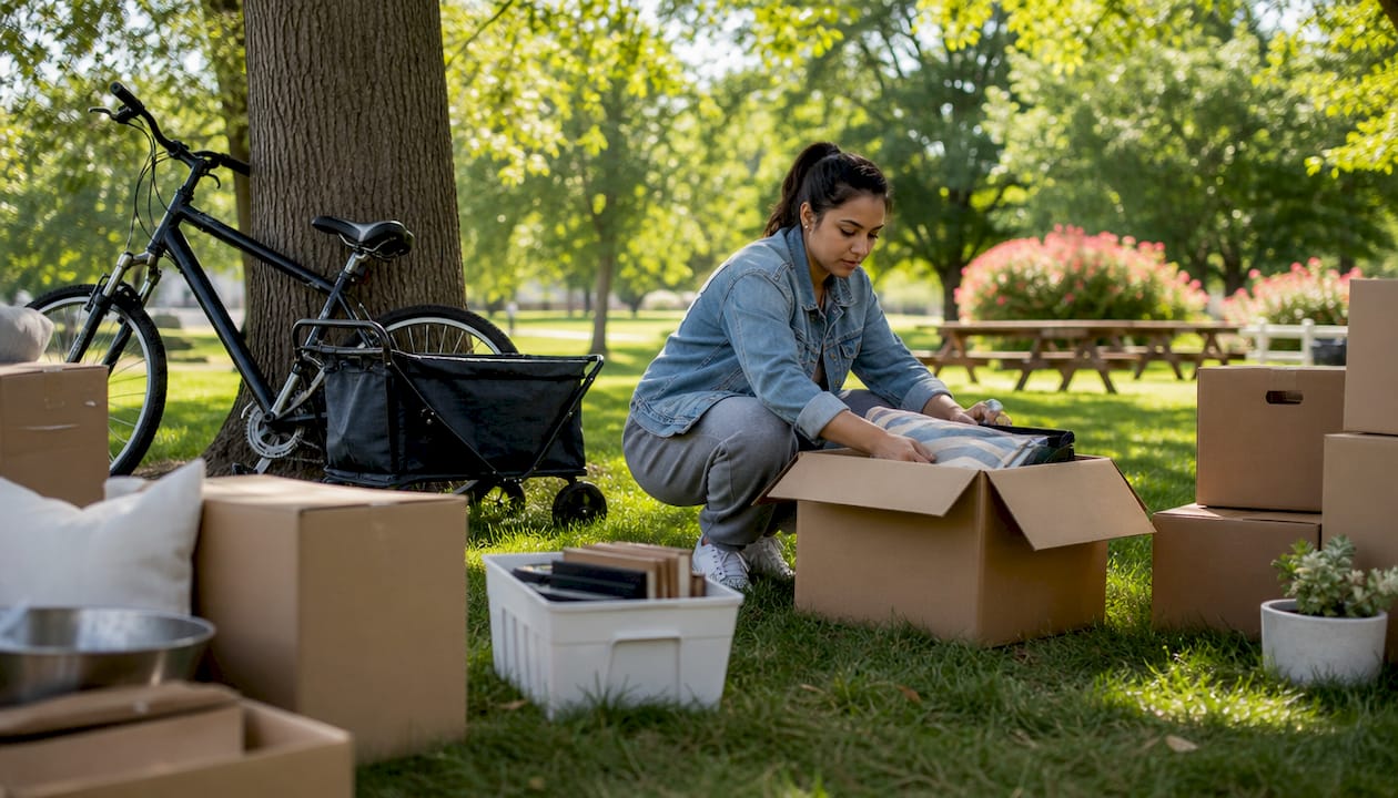 Woman staging boxes for curbside moving