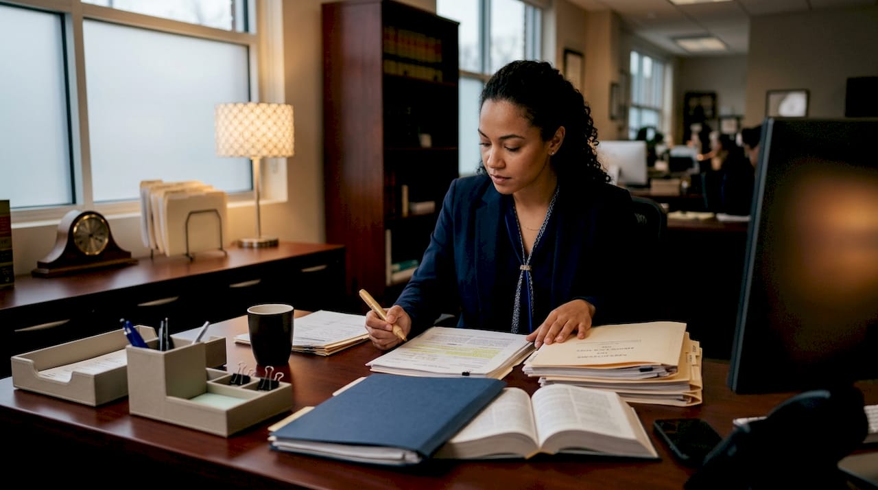 Hands organizing appellate case legal paperwork