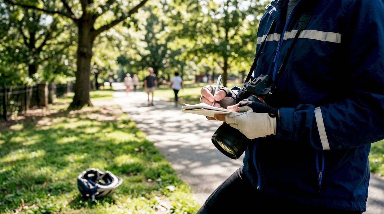 Cyclist documenting bicycle accident evidence outdoors