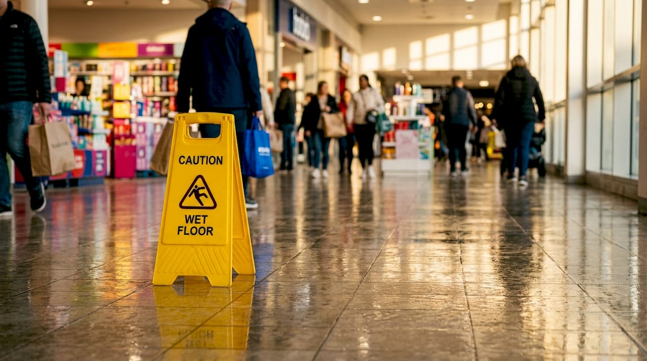 Yellow wet floor caution sign in store aisle