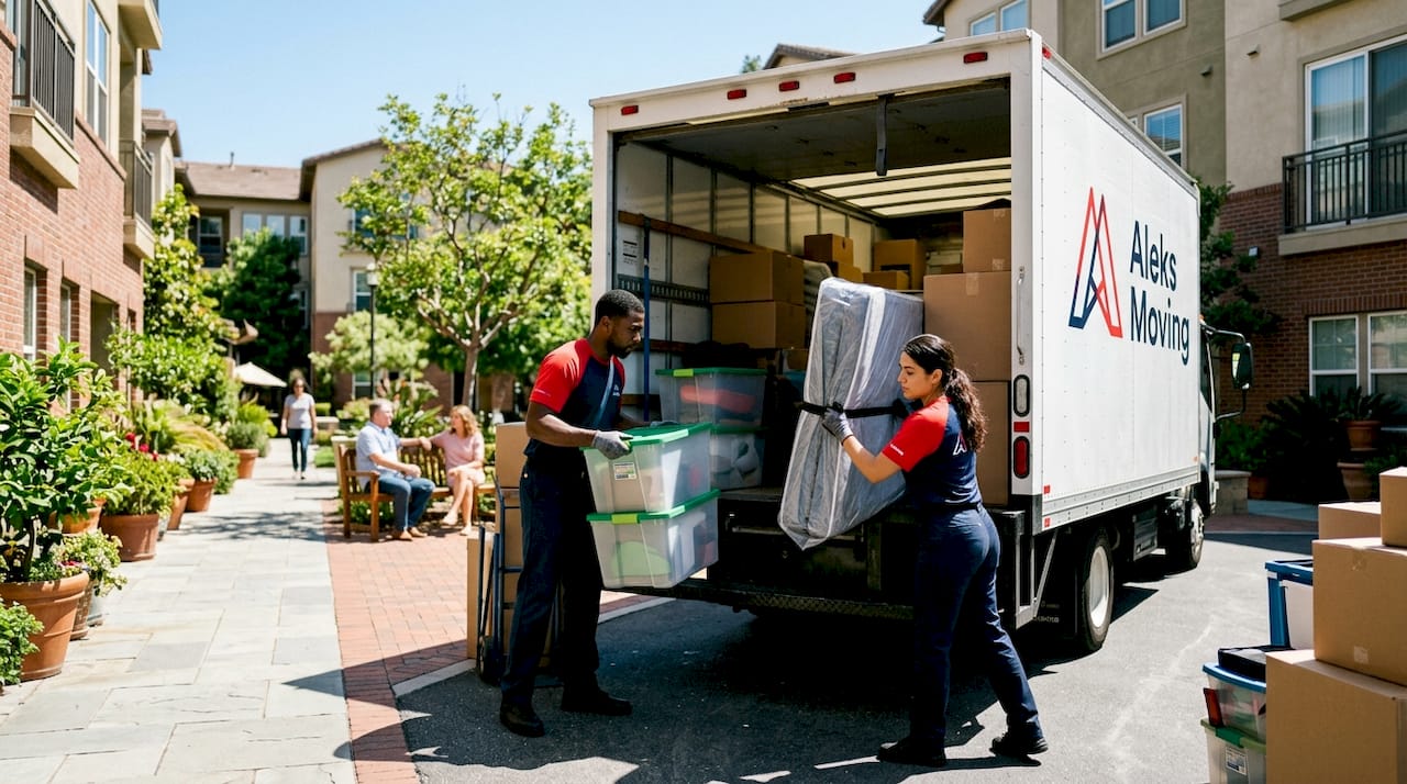 Movers loading shared moving truck at depot