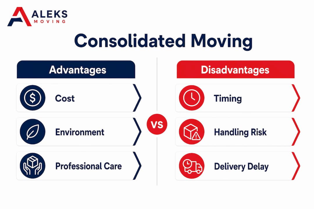 Infographic comparing pros and cons of consolidated moving
