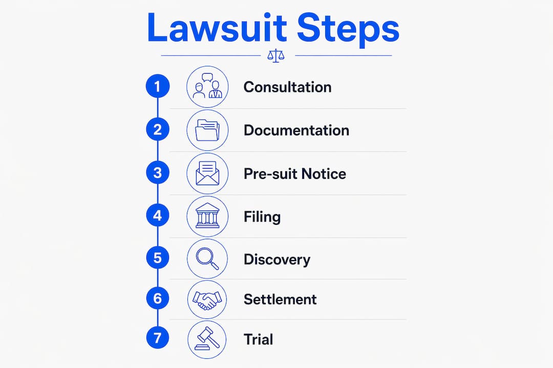 Infographic outlining lawsuit steps from consultation to trial