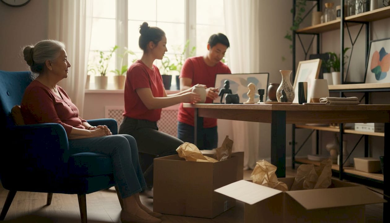 Professional movers unpacking and setting up home interior