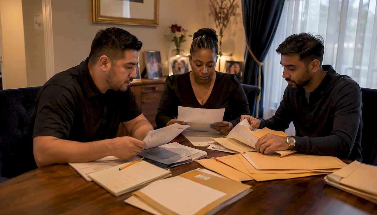 Hands organizing legal documents at home table