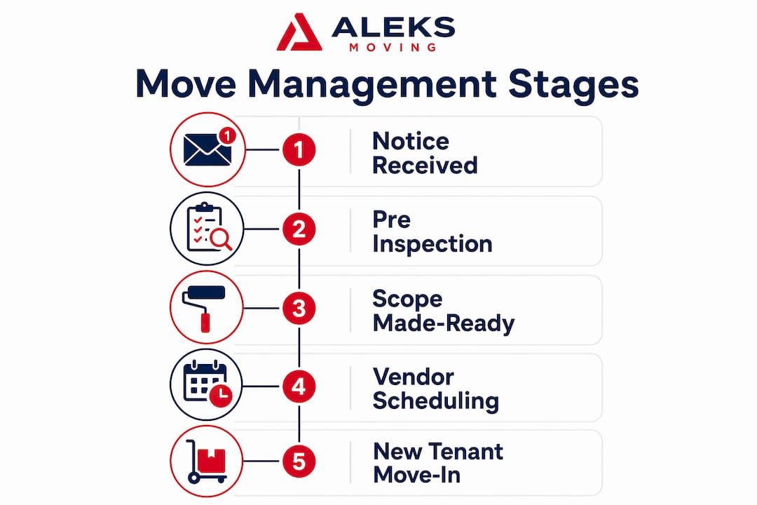 Infographic illustrating five stages of tenant move management pipeline