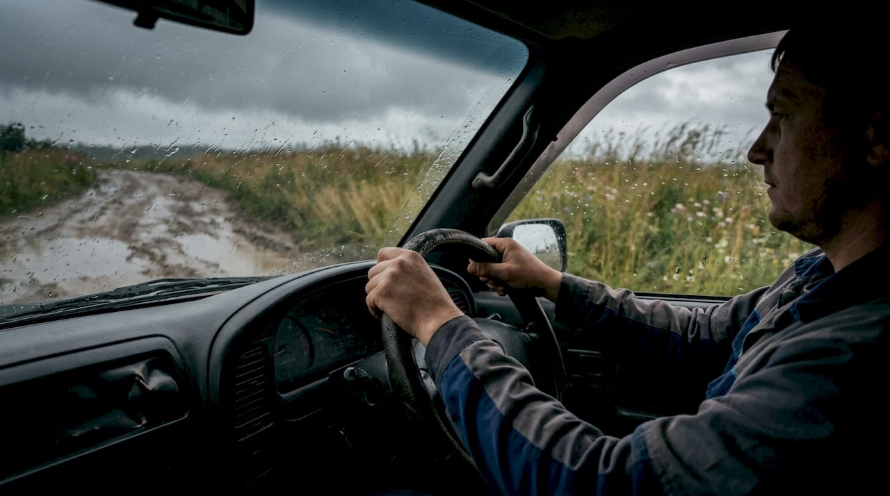 Driver navigating wet rural road in rain