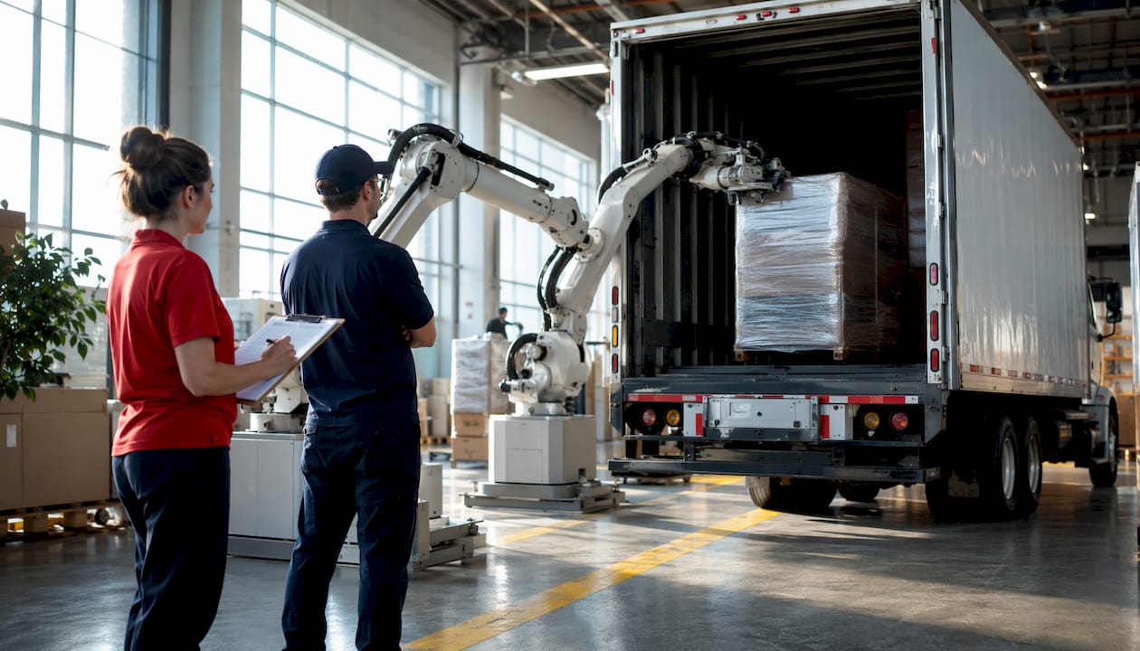 Automated robotic arms loading furniture into truck