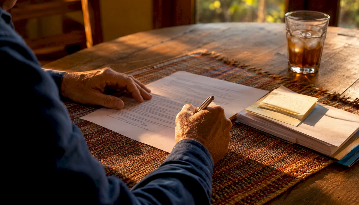 Hands preparing insurance settlement letter