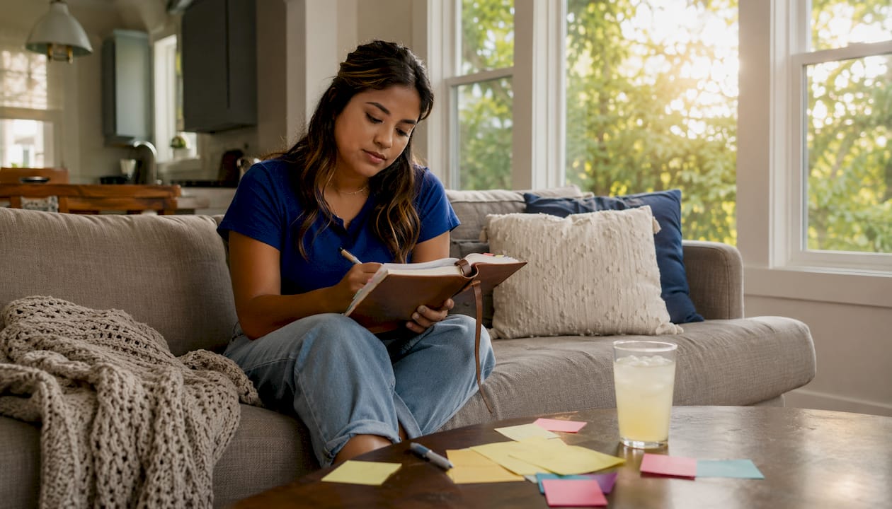 Woman updating personal injury journal at home