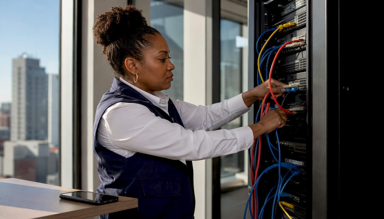 IT technician disconnecting cables in data center