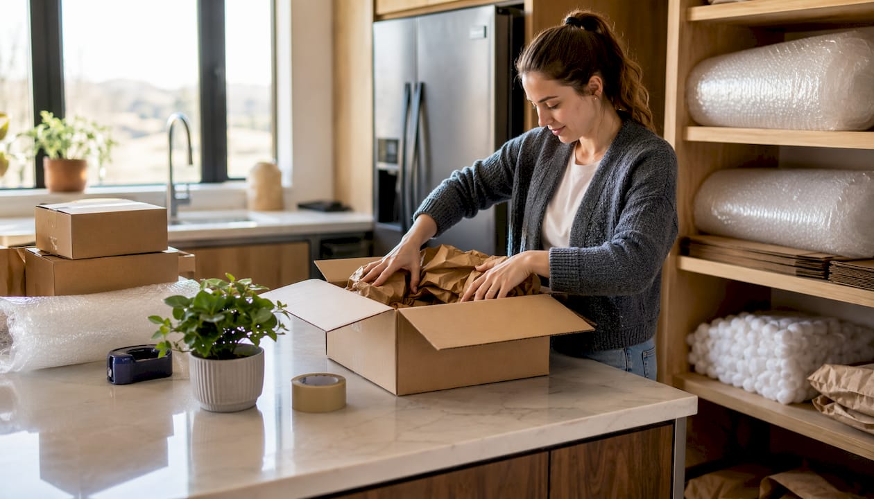Hands adding cushioning materials inside box
