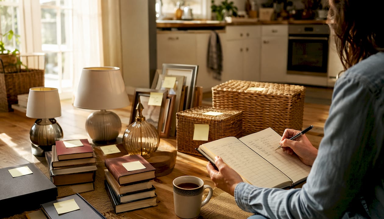 Hands writing moving inventory for room items