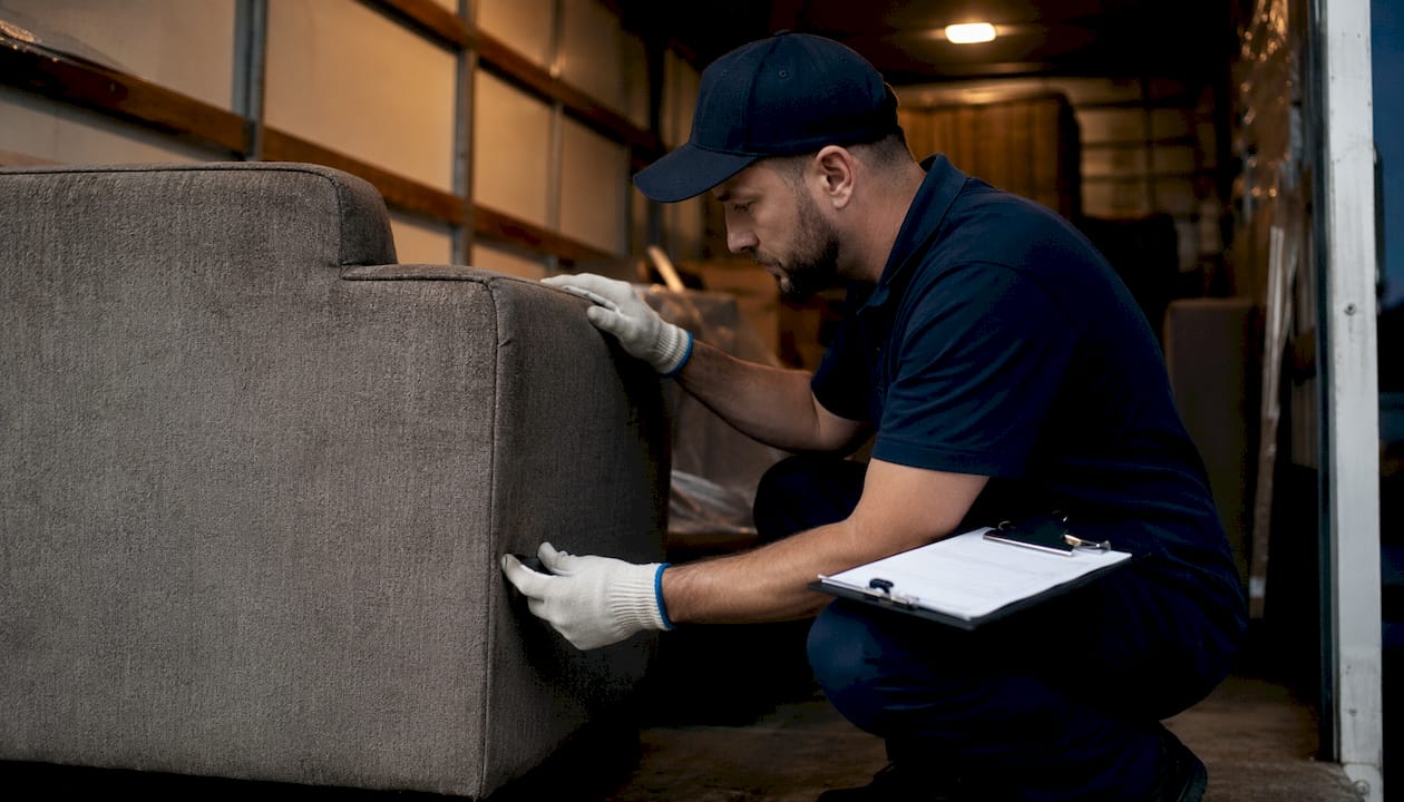 Mover inspecting furniture condition during move