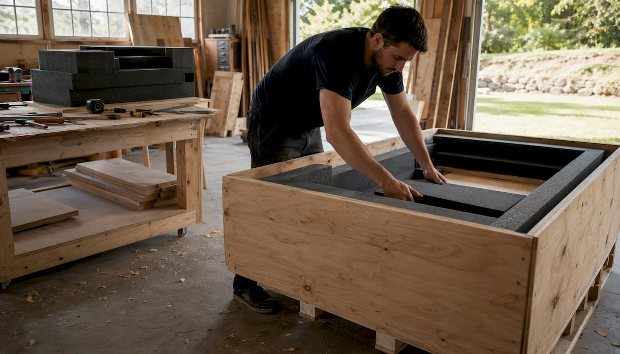 Worker assembling foam-lined custom crate