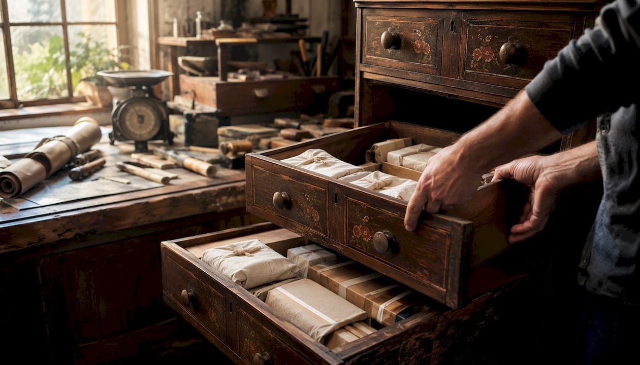 Hands removing drawers from antique dresser