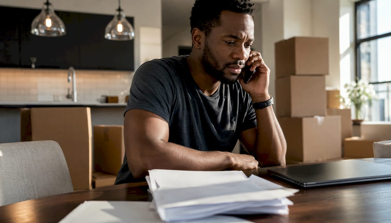 Man making worried phone call about moving scam