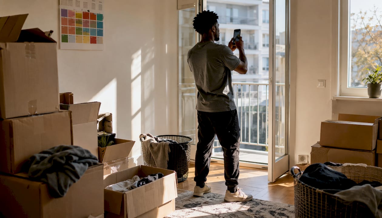 Man recording last-minute move packing video