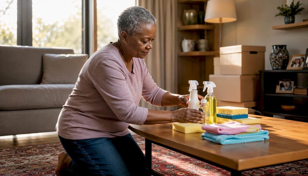 Hands preparing cleaning supplies in kitchen