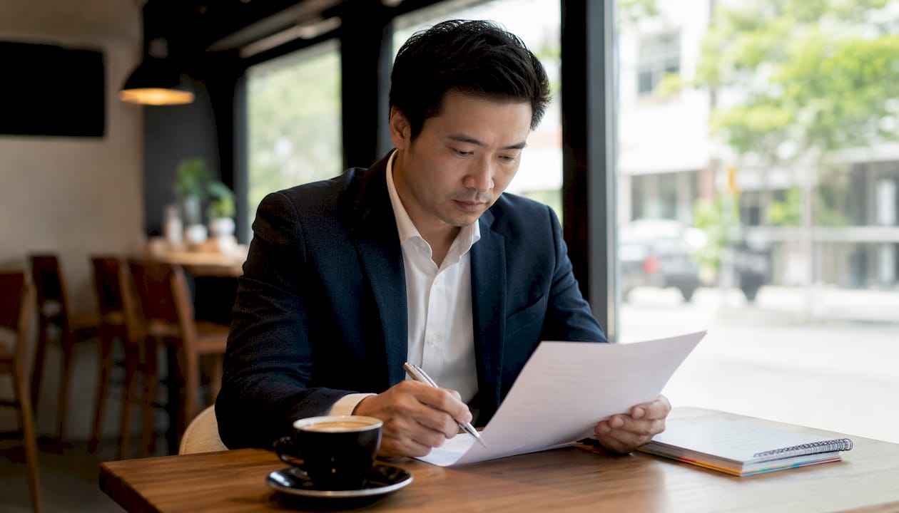Man reviewing Certificate of Insurance document overhead