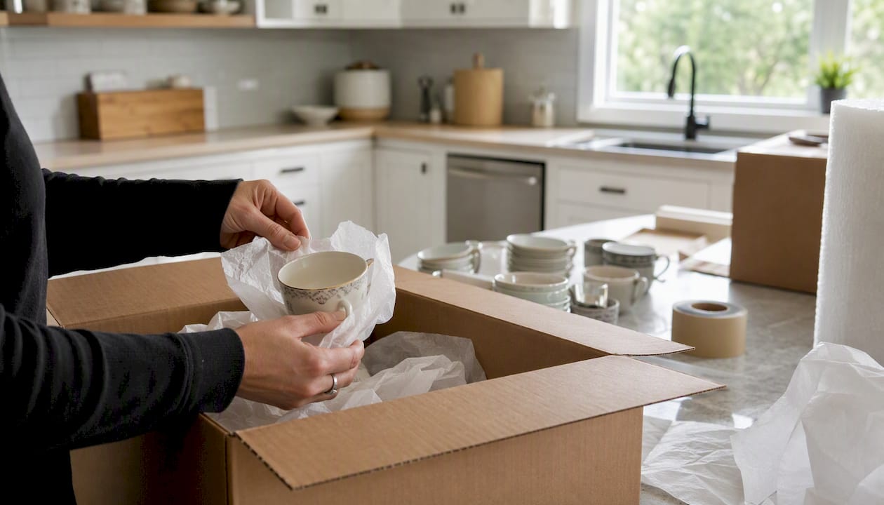 Hands packing glassware for Oakville move
