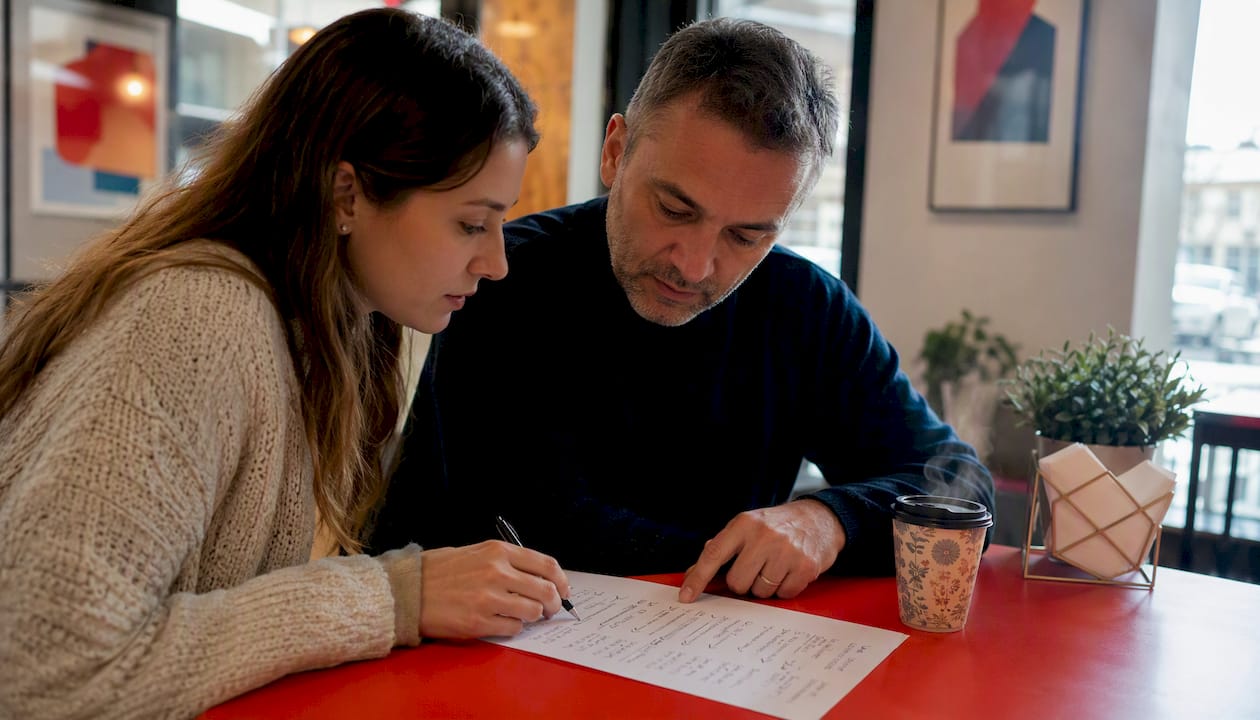 People reviewing moving checklist together